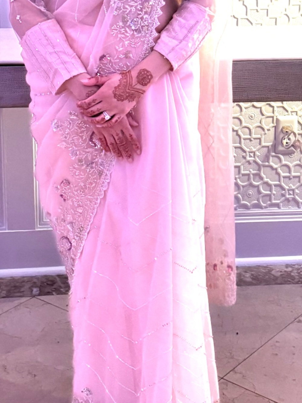 Light Pink Embroidered Saree and Blouse with Sequin Border